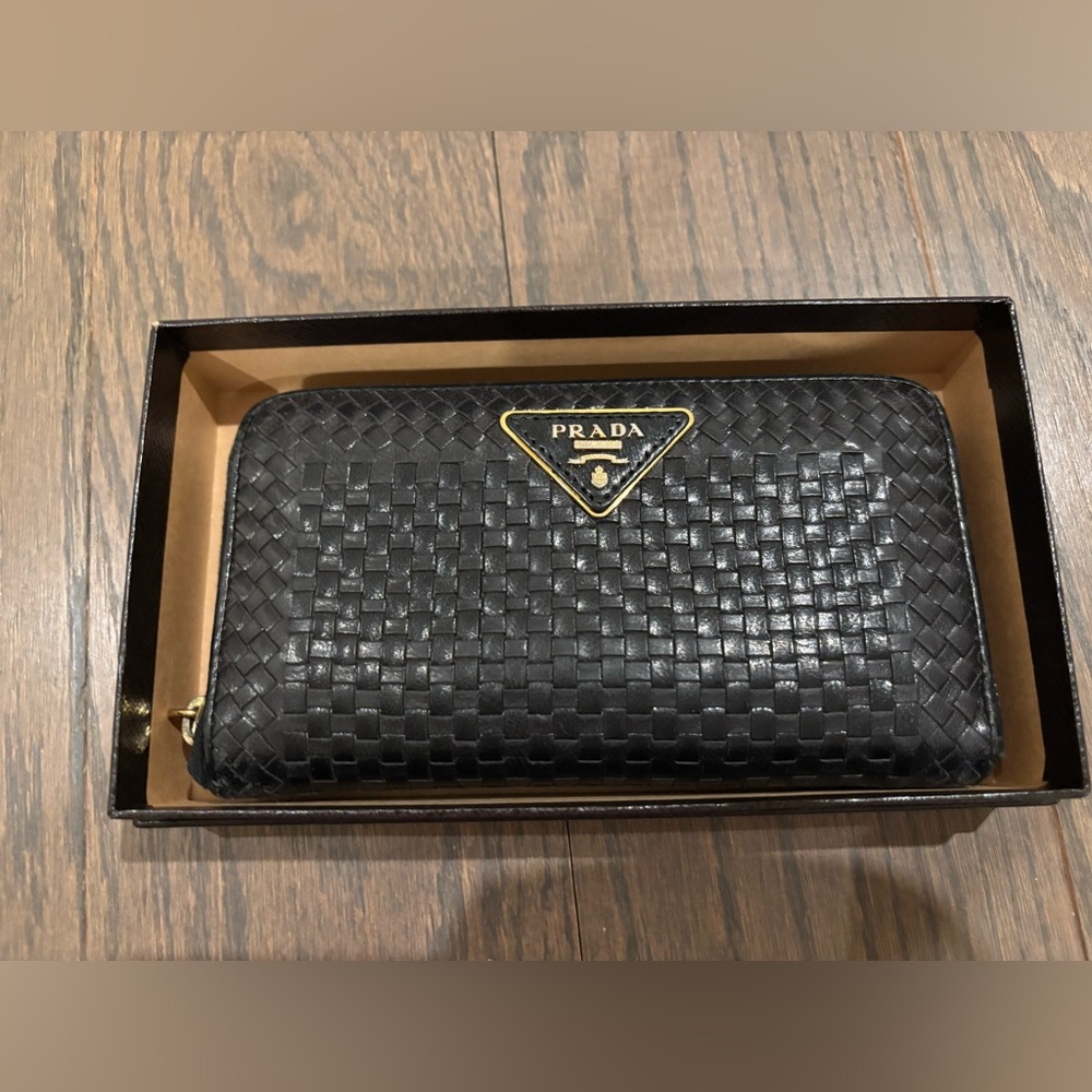 Prada navy blue weave wallet